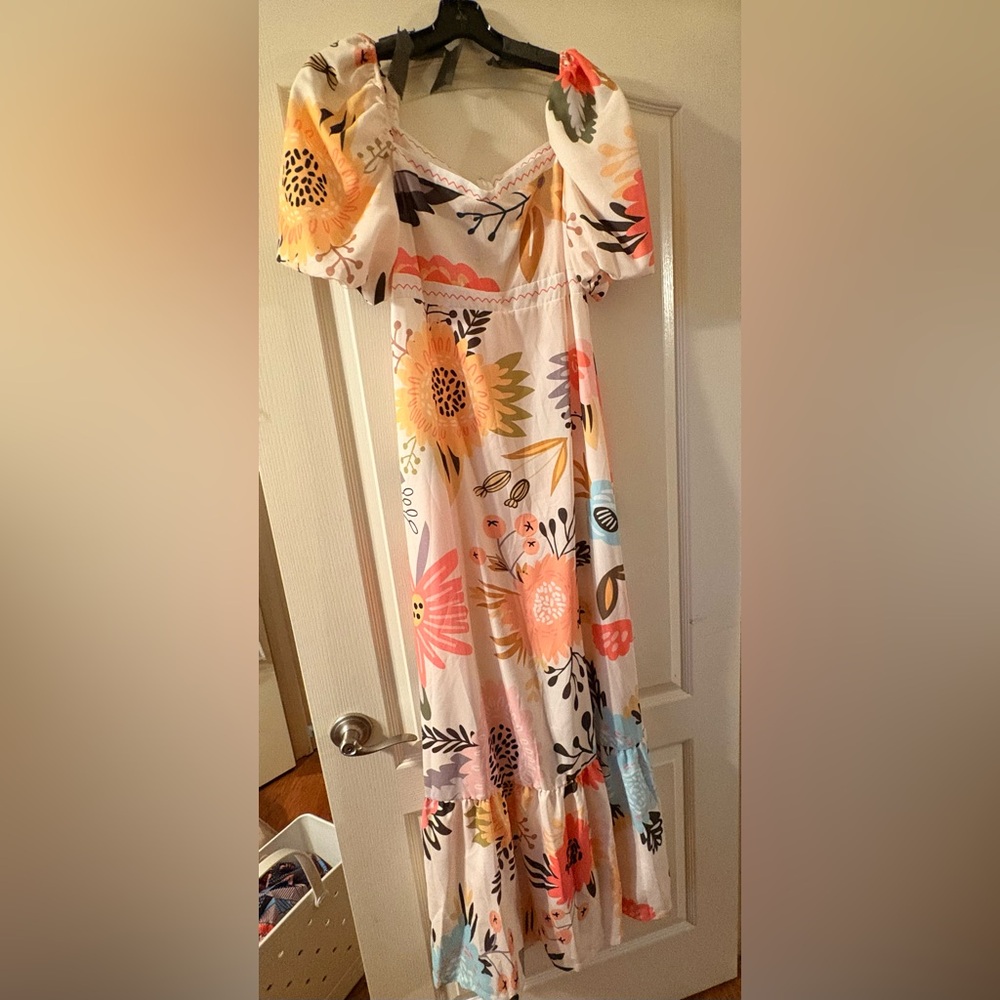 White and Pink Off-the-Shoulder Puff Sleeve Maxi Sundress